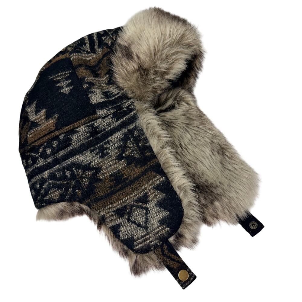Woolrich Trapper Hat Faux Fur Lined Ear Cover Snap Chin Black Brown White